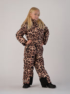 Luxury kids’ snowsuit with beige and brown leopard print, waterproof and breathable, Sorona® plant-based insulation, Oeko-Tex certified, handcrafted in Europe for warmth down to −25°C.