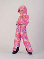 Luxury kids’ snowsuit with pastel watercolor print, waterproof and breathable, Sorona® eco insulation, Oeko-Tex certified, handcrafted in Europe for warmth down to −25°C.