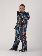 Luxury kids’ snowsuit with cosmic space print featuring rockets and planets, waterproof and breathable, Sorona® eco insulation, Oeko-Tex certified, handcrafted in Europe for warmth to −25°C.