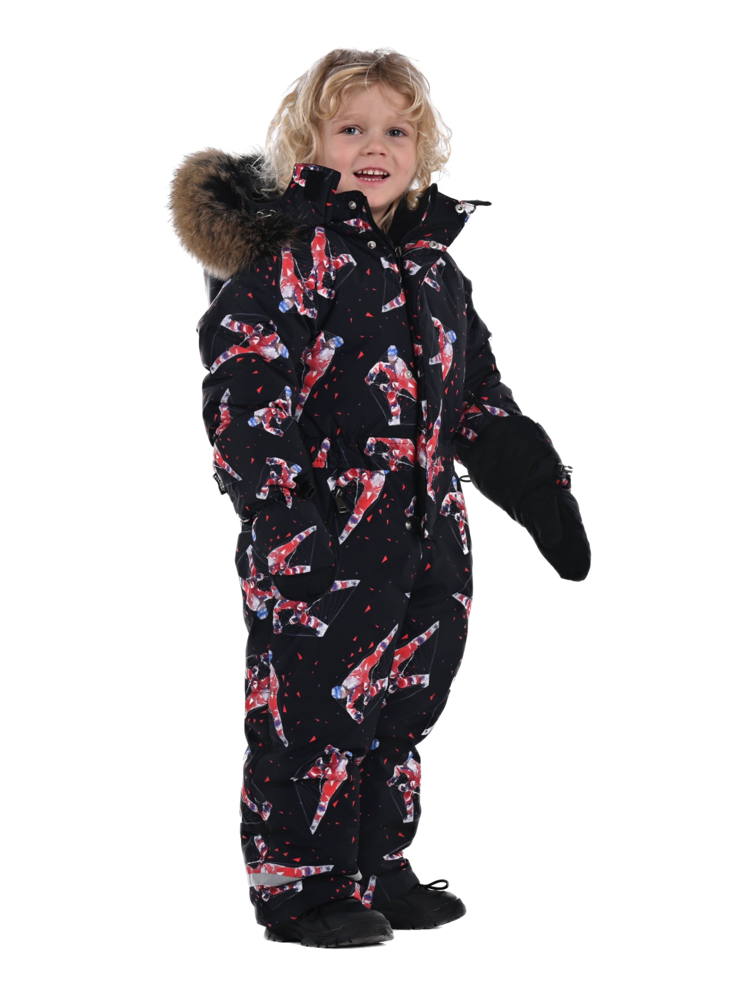 Stylish children’s ski overall with unique Pilguni prints, built for freedom of movement